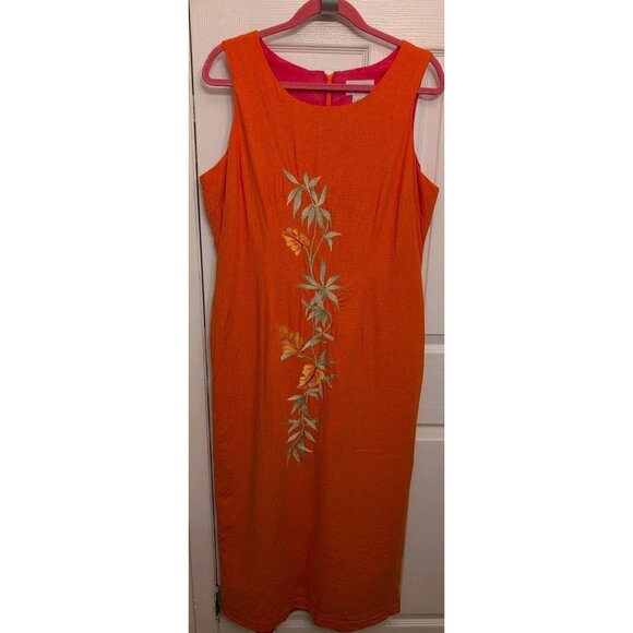 Studio C Maxi Sheath Dress Sz 16 Linen Blend Back Zip Orange Embroidered Y2K Vtg - Picture 1 of 8